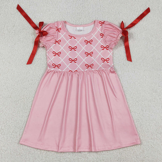 Baby Girls Dress Short Sleeve Red Bows Checked Knee Length Dresses GSD2883 12.23