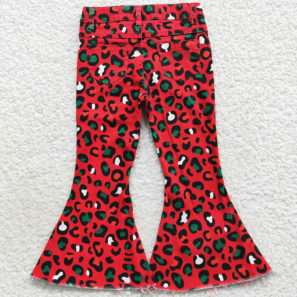 Girls Denim Bell Pants Red Leopard Jeans Pants P0229