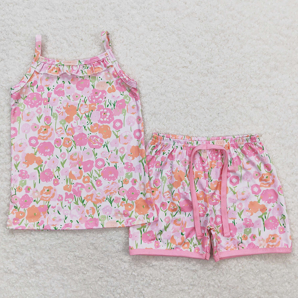 Baby Girls Clothes Orange Flowers Straps Top Shorts Summer Clothes Sets GSSO0868