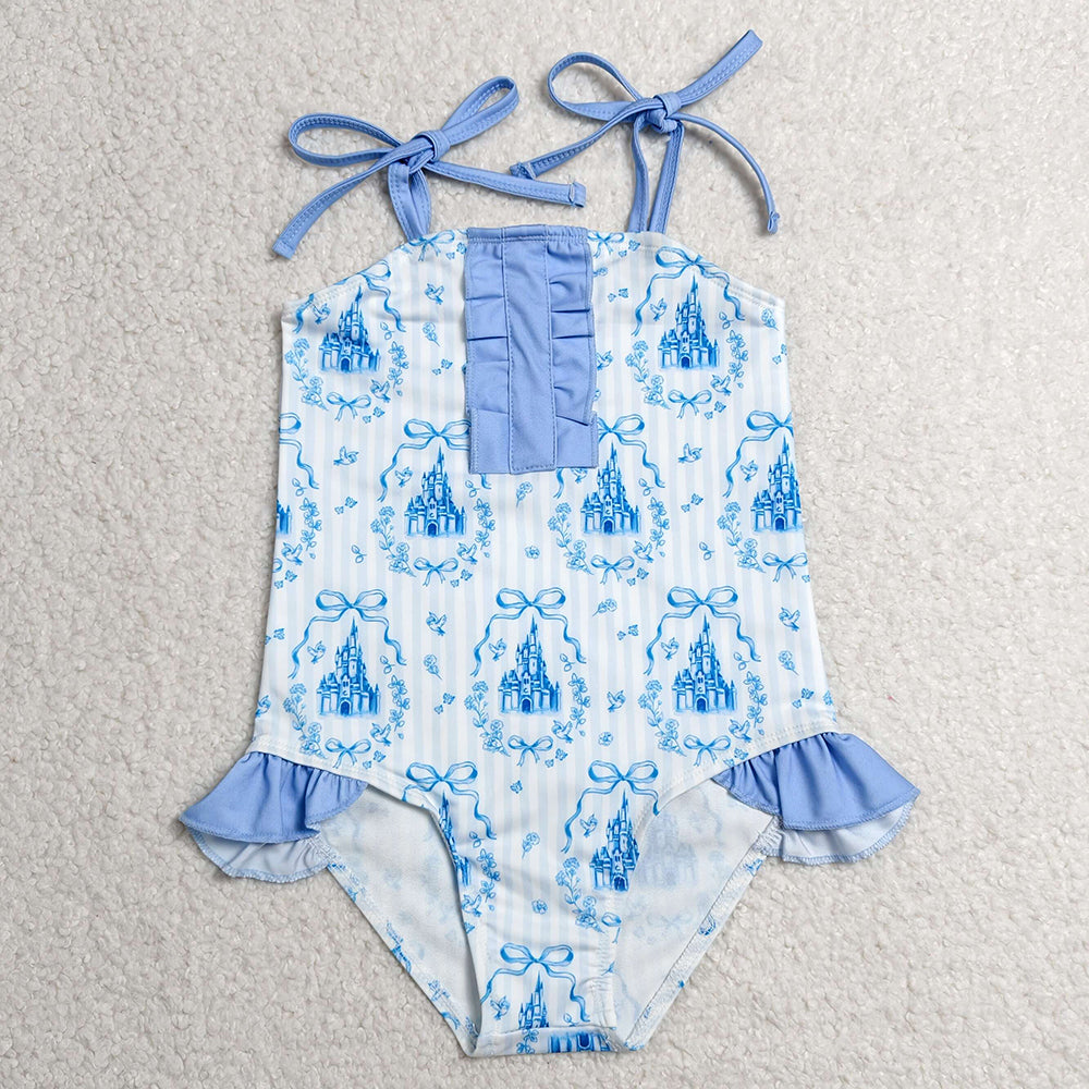 Baby Girls Swimsuits Strap Blue Stripe Bows Castles Swimsuits S0753