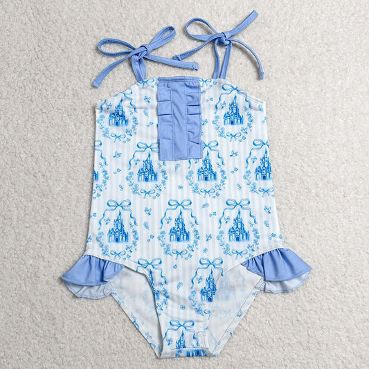 Baby Girls Swimsuits Strap Blue Stripe Bows Castles Swimsuits S0753