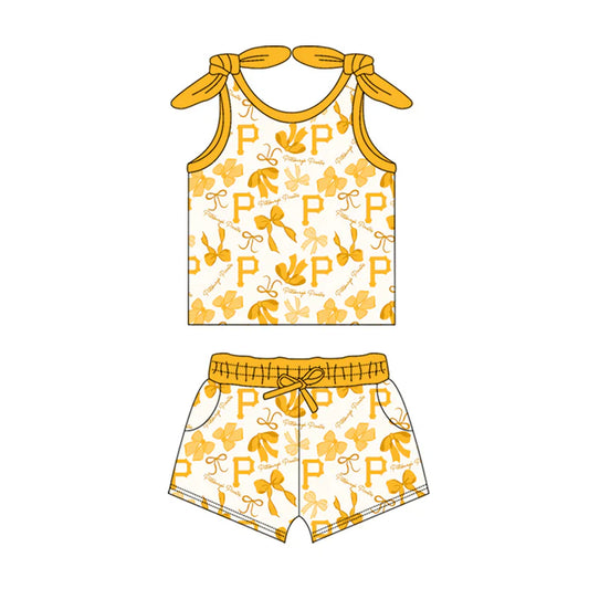 Preorder MOQ 5 pcs sleeveless P yellow bow top shorts girls team clothes 8.23