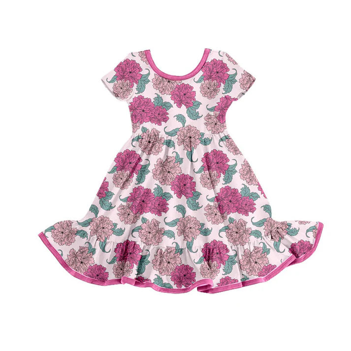 Preorder(moq 8)Baby Girls Pink Flowers Plaid Ruffle Knee Length Dresses 9.30