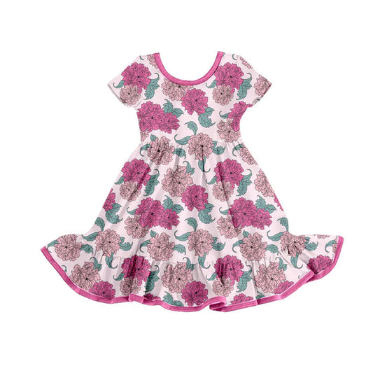 Preorder(moq 8)Baby Girls Pink Flowers Plaid Ruffle Knee Length Dresses 9.30