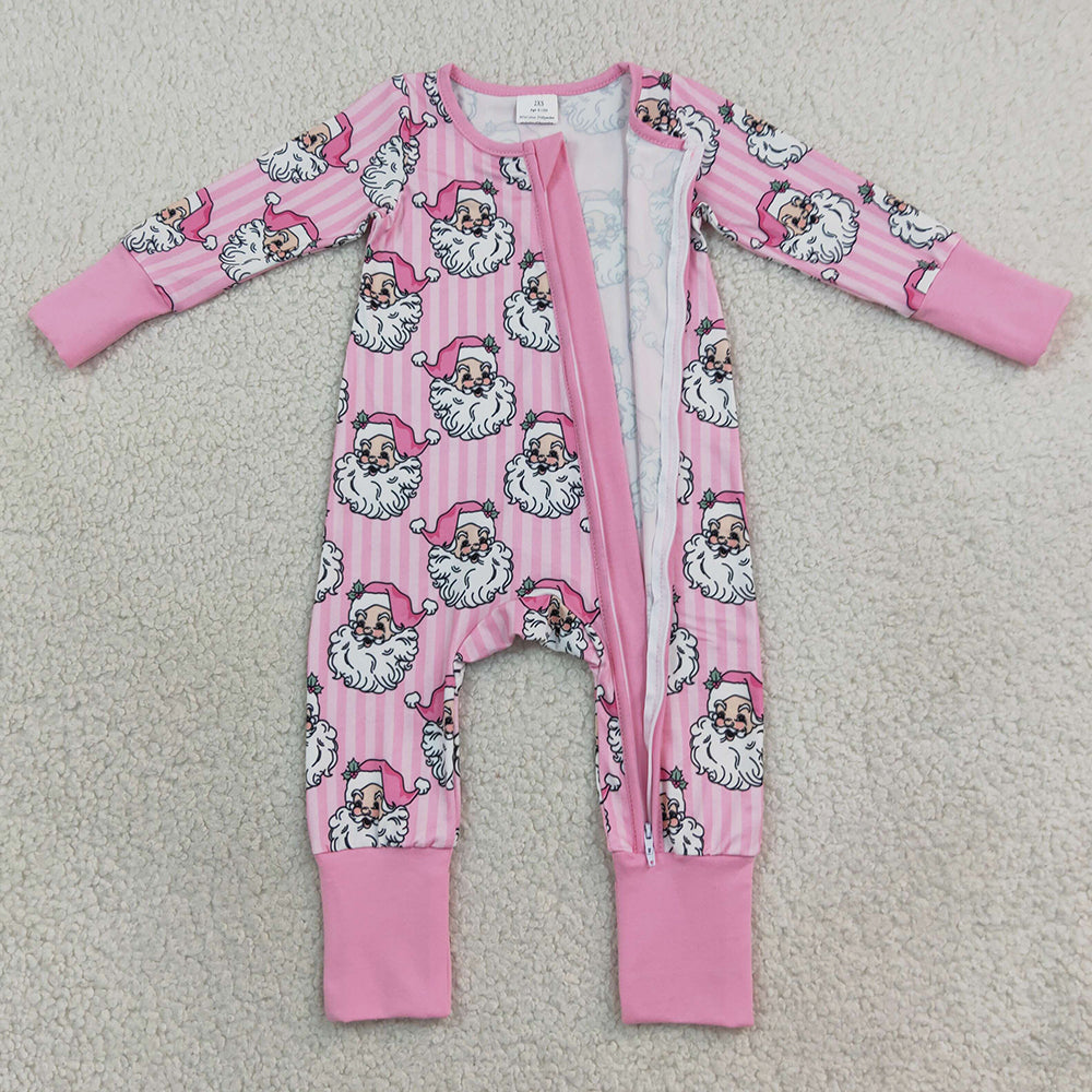 Baby Girls Rompers Pink Stripe Santa Christmas Two Way Zip Convertible Rompers LR3125