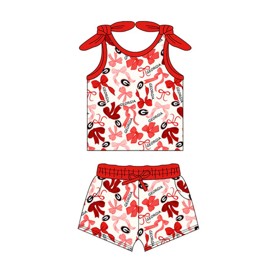 Preorder MOQ 5 pcs sleeveless red G bow top shorts girls team clothes 8.26