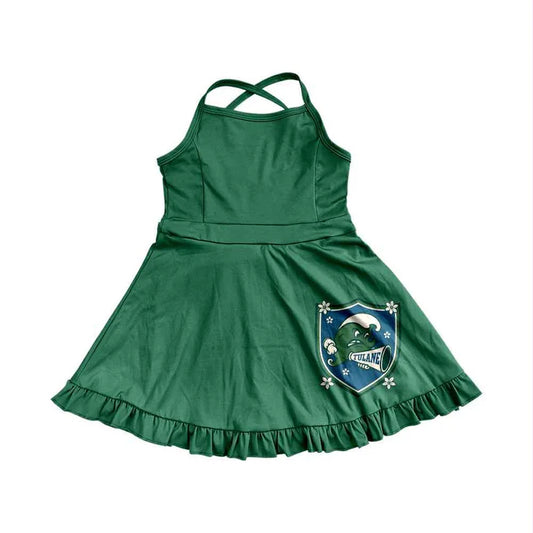 Preorder (moq 5)Baby Girls Green Strap Tulane Shorts Ruffle Team Knee Length Dresses 7.2