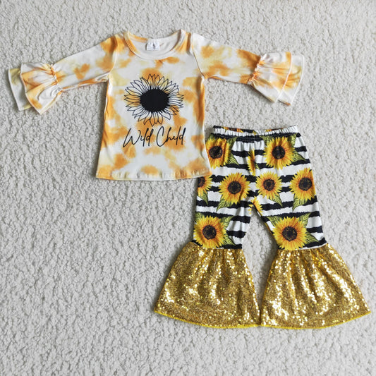 Sunflower Print Fashion Girls Clothes Bell Bottom Outfits 6 A10-13