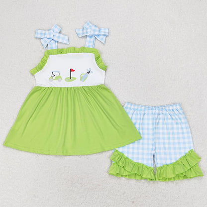 Baby Girls Clothes Golf Green Straps Tunic Top Ruffle Shorts Outfits GSSO0719