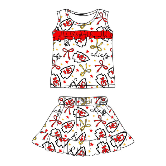 Preorder (moq 5)Baby Girls Sleeveless Red KC Bows Stars Top Ruffle Skorts Team Set 6.16