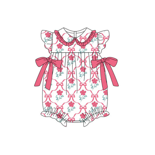 Preorder (moq 5)Baby Girls Flutter Sleeve Pink Flowers Bows Checked Ruffle Collar Rompers 11.14