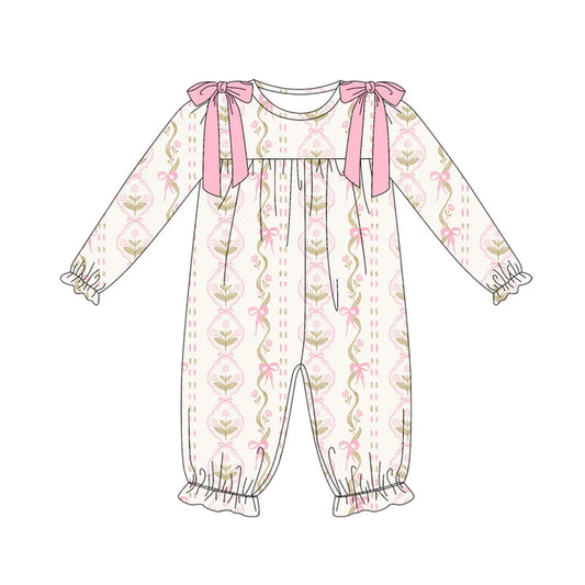 Preorder (moq 5)Baby Girls Long Sleeves Pink Bows Flowers Stripe Ruffle Pant Romper 7.5