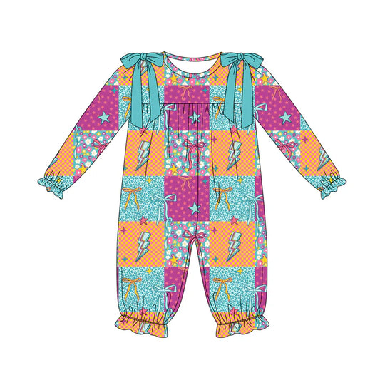 Preorder (moq 5)Baby Girls Long Sleeves Stars Lights Bows Plaid Ruffle Pant Romper 7.5