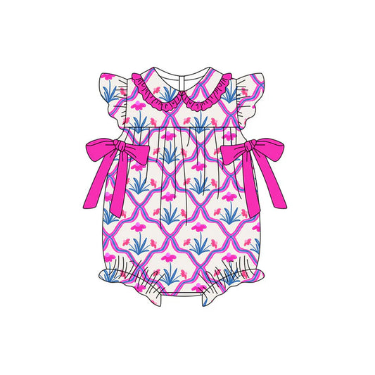 Preorder (moq 5)Baby Girls Flutter Sleeve Hot Pink Flowers Bows Checked Ruffle Rompers 11.14