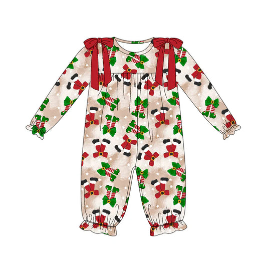Preorder (moq 5)Baby Girls Long Sleeves Red Green Socks Stars Plaid Ruffle Pant Romper 7.5