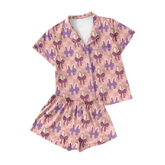 Preorder (moq 8)Baby Girls Rabbits Bows Checked Button Pocket Top Shorts Easter Pajamas Sets 9.16