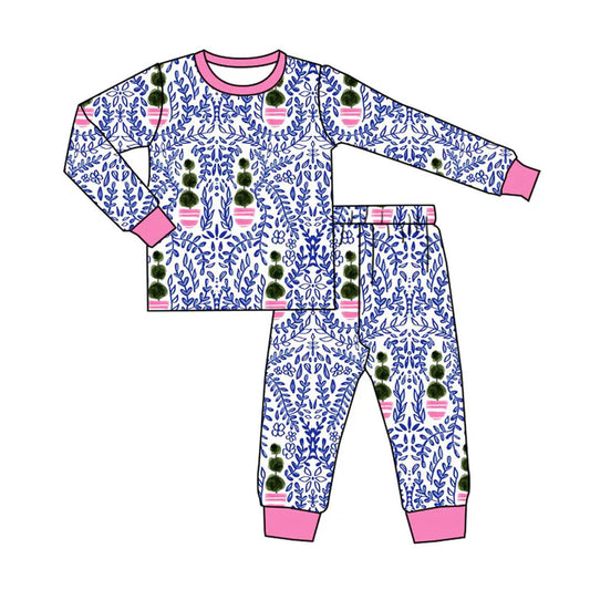 Preorder(moq 8)Baby Girls Blue Flowers Checked Top Pants Valentine Pajamas Set 9.30
