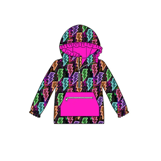 Preorder (moq 5)Baby Girls Long Ruffle Sleeves Colorful Lights Pocket Zipper Hoodies Top 7.28