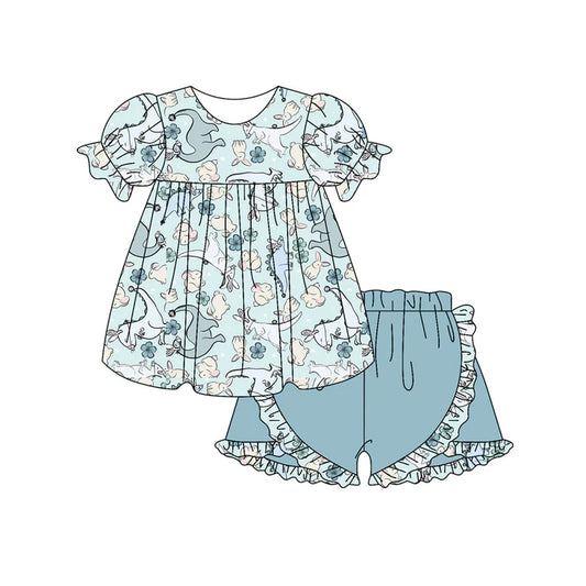 Preorder (moq 5)Baby Girls Rabbit Dinosaur Flowers Tunic Ruffle Shorts Easter Clothes Sets 12.5
