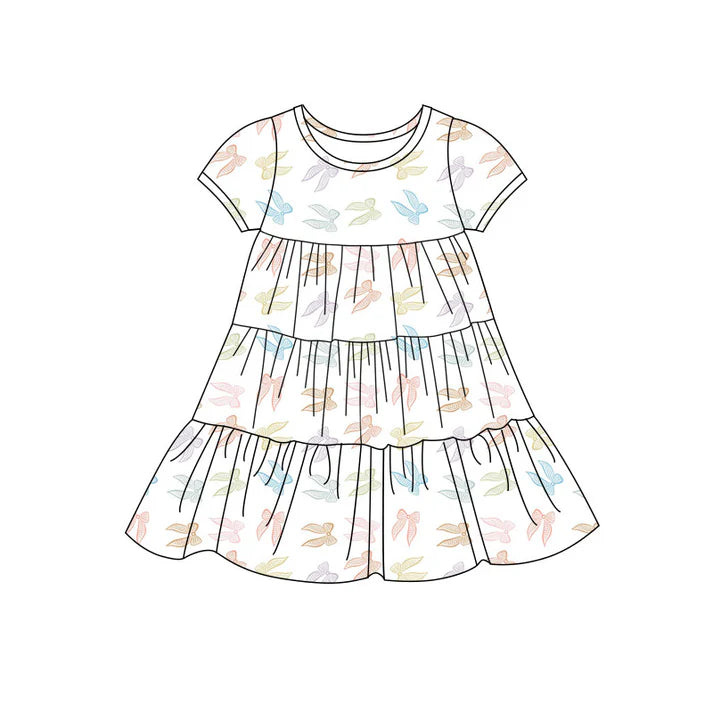 Preorder(moq 5) Baby Girls Colorful Bows Patchwork Ruffle Knee Length Dresses 11.14