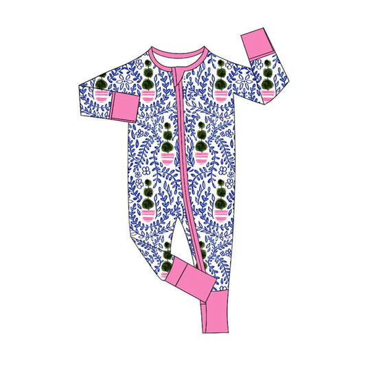 Preorder (moq 8)Baby Girls Blue Flowers Checked Valentine Zipper Footie Rompers 9.30