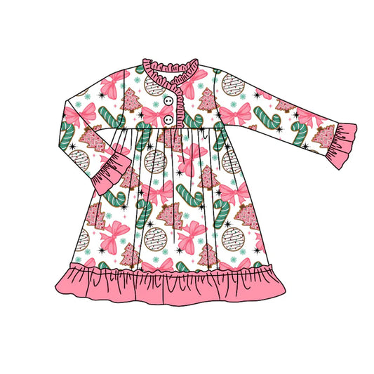 Preorder (moq 5)Baby Girls Long Ruffle Sleeves Bows Candy Cane Button Knee Length Dresses 7.28