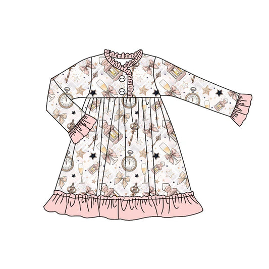 Preorder (moq 5)Baby Girls Long Sleeves Pink Bows Stars Plaid Ruffle Button Knee Length Dress 7.28