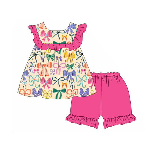 Preorder moq 5 Baby Girls Sleeveless Colorful Bows Tunic Pink Ruffle Short Set 4.19
