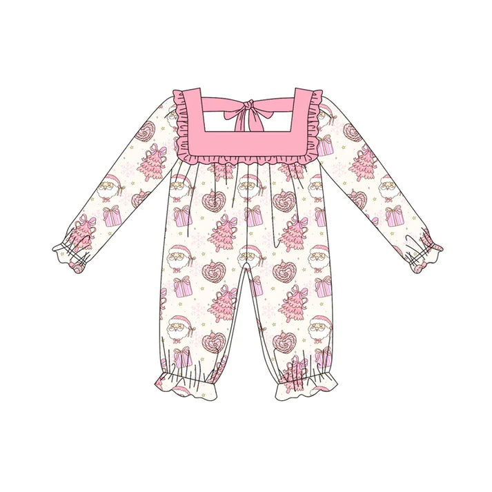 Preorder (moq 5)Baby Girls Short Sleeves Pink Santa Gifts Ruffle Pant Rompers 6.13