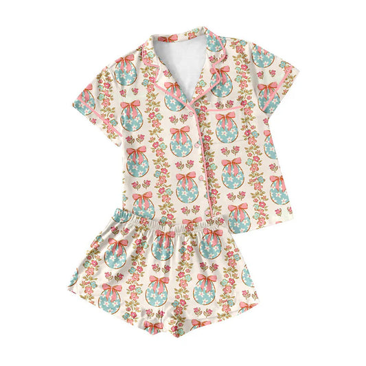 Preorder (moq 8)Baby Girls Flowers Bows Eggs Stripe Button Pocket Top Shorts Easter Pajamas Sets 9.16