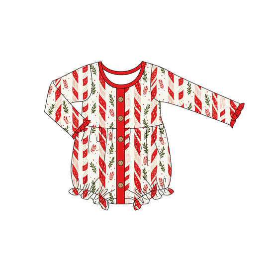 Preorder (moq 5)Baby Girls Long Sleeves Gingerbread Trees Stripes Button Ruffle Romper 7.7
