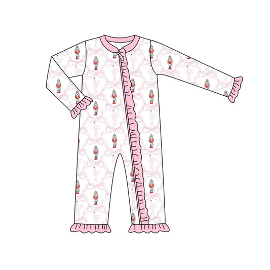 Preorder (moq 5)Baby Girls Long Sleeves Pink Bows Soldiers Ruffle Zipper Romper 7.7
