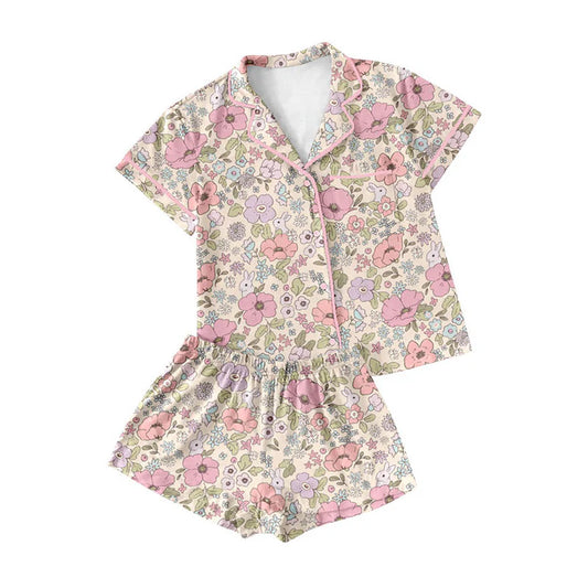 Preorder (moq 8)Baby Girls Pink Floral Rabbits Button Pocket Top Shorts Easter Pajamas Sets 9.16