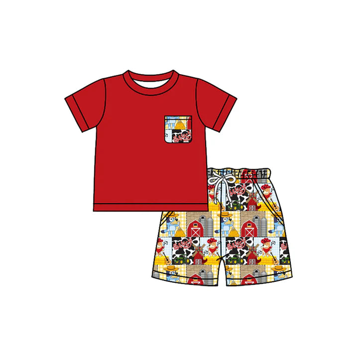 Preorder moq 5 Baby Boys Red Short Sleeves Pocket Top House Cartoon Dogs Short Farm Set 4.17