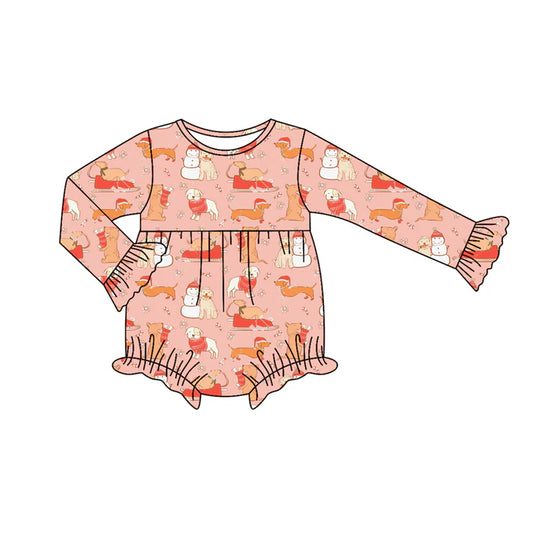 Preorder moq 5 Baby Infant Girls Peach Long Sleeves Snowman Dogs Plaid Ruffle Romper 7.14