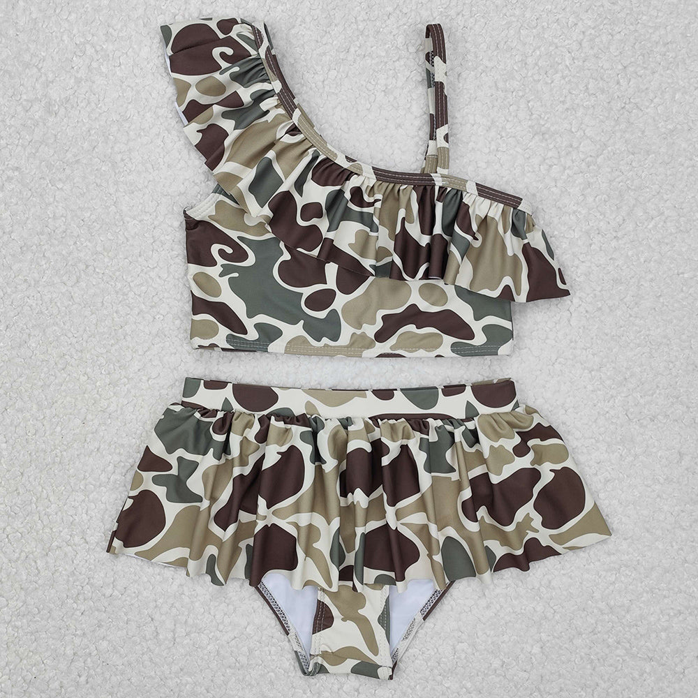 Baby Girls Swimsuits Green Camouflage Ruffle Top Bummie 2pcs Swimsuits S0477