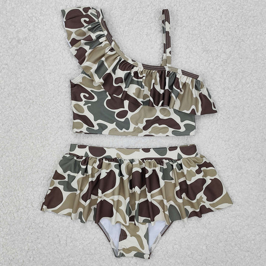 Baby Girls Swimsuits Green Camouflage Ruffle Top Bummie 2pcs Swimsuits S0477