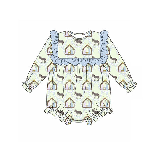 Preorder (moq 5)Baby Girls Long Sleeves Donkey Jesus Ruffle Rompers 5.17