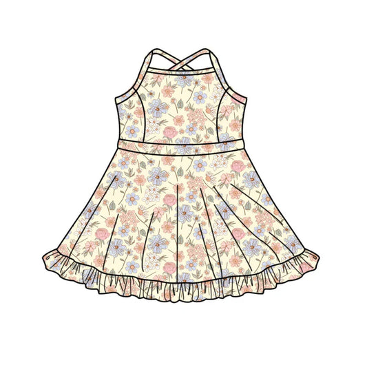 Preorder(moq 5) Baby Girls Strap Floral Shorts Ruffle Knee Length Dresses 10.17