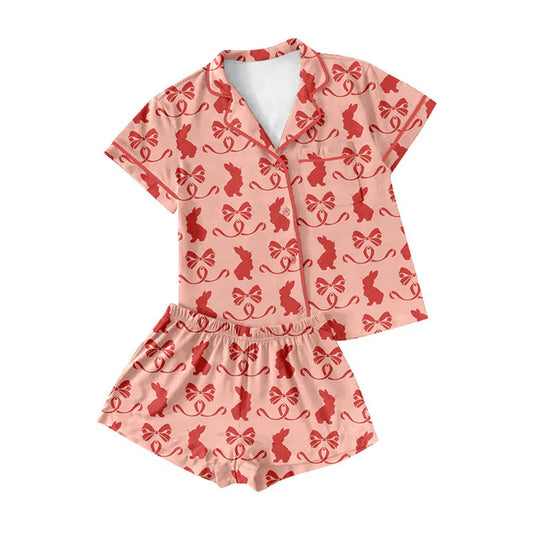 Preorder (moq 8)Baby Girls Red Bows Rabbits Button Pocket Top Shorts Easter Pajamas Sets 9.16
