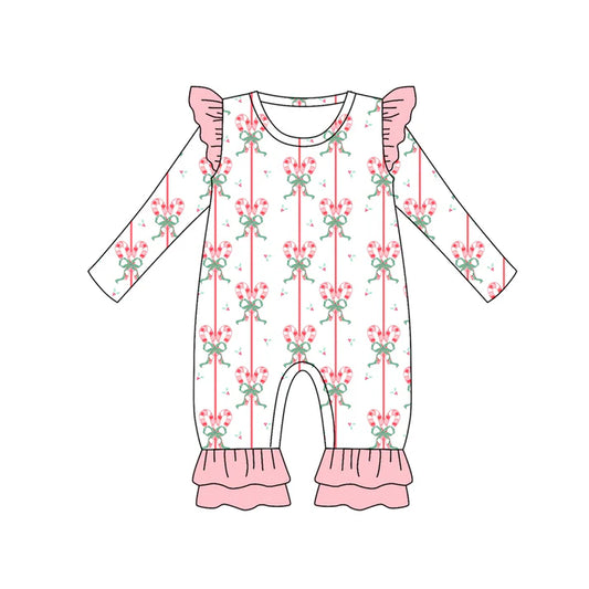 Preorder (moq 5)Baby Girls Long Sleeves Pink Bows Candy Cane Stripe Ruffle Pant Romper 7.7