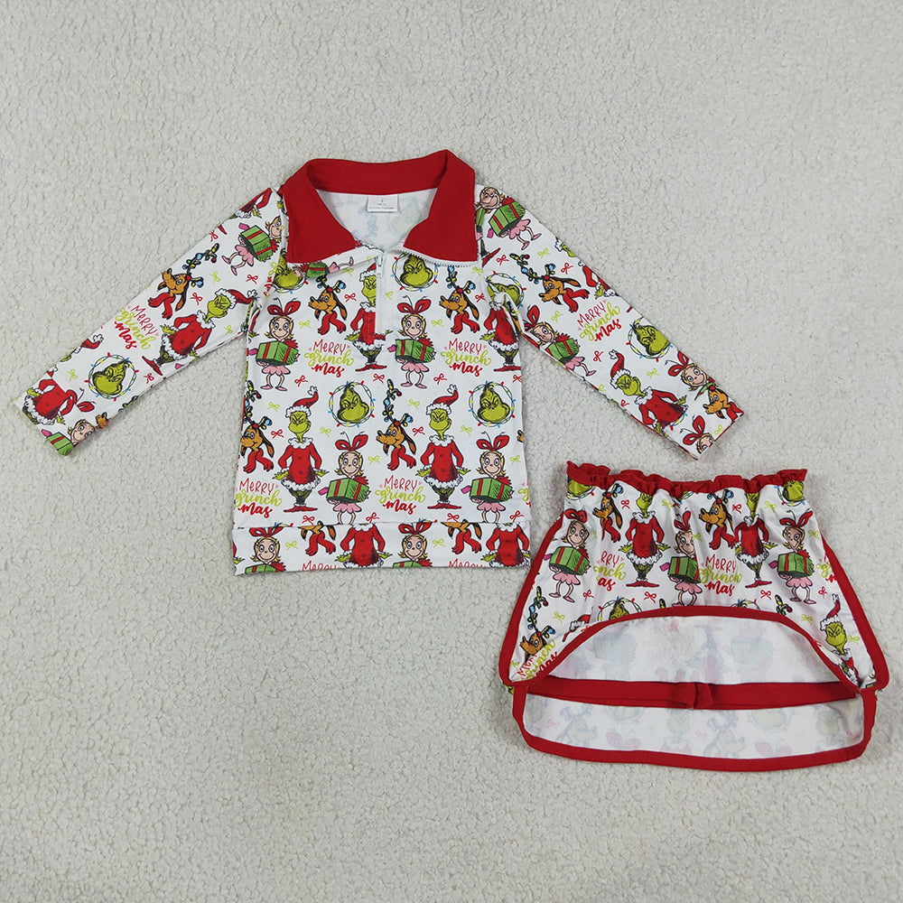Baby Girls Green Face Frogs Gifts Zip Top Skirt Short Christmas Clothes Sets GLD1608