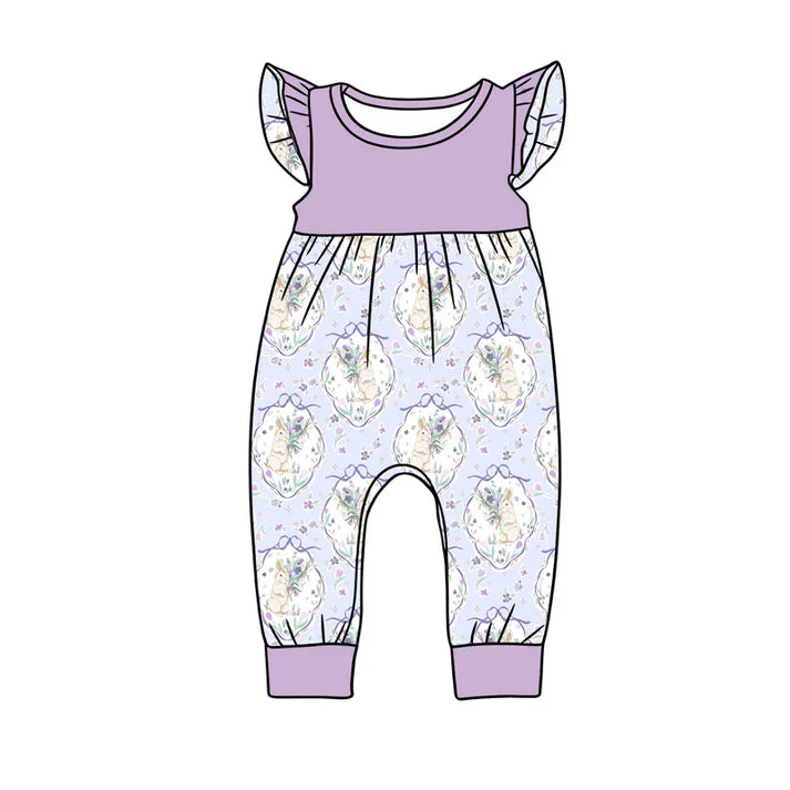 preorder(moq 5) Baby Girls Flutter Sleeve Flower Rabbits Easter Rompers 1.13