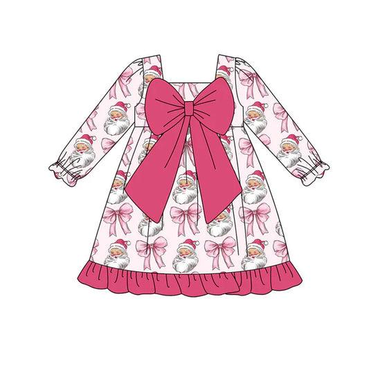 Preorder (moq 8)Baby Girls Pink Santa Bows Christmas Ruffle Knee Length Dresses 9.18