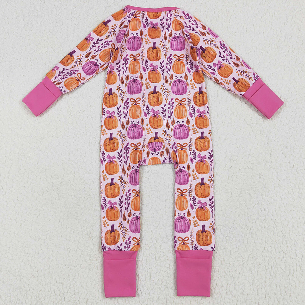 Halloween Baby Girls Rompers Pink Floral Pumpkins Footie Zipper Rompers LR2270 6.17