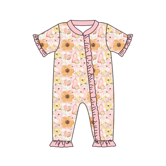 Preorder (moq 5)Baby Girls Peach Short Ruffle Sleeves Pumpkins Floral Zipper Rompers 5.24