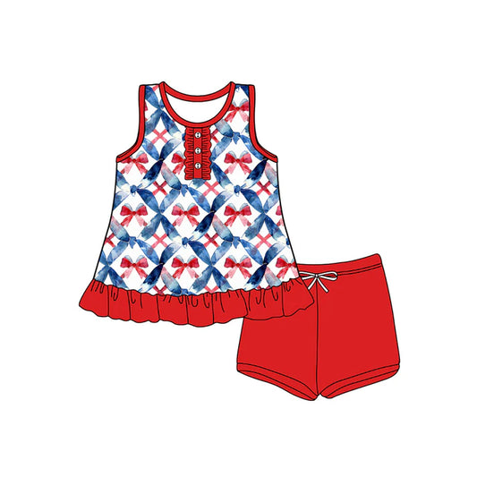 Preorder (moq 5)Baby Girls Sleeveless Button Red Blue Bows Tunic Short 4th Of July Set 4.25