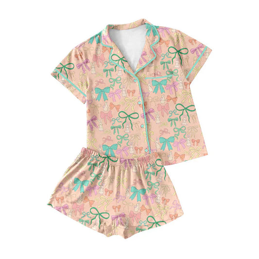 Preorder (moq 8)Baby Girls Colorful Bows Rabbits Button Pocket Top Shorts Easter Pajamas Sets 9.16