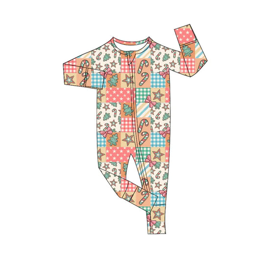 Preorder (moq 5)Baby Girls Long Sleeves Trees Candy Cane Stars Plaid Zipper Pant Rompers 6.13