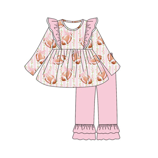 Preorder (moq 5)Baby Girls Long Sleeves Pink Stripe Footballs Tunic Ruffle Pant Sets 6.23